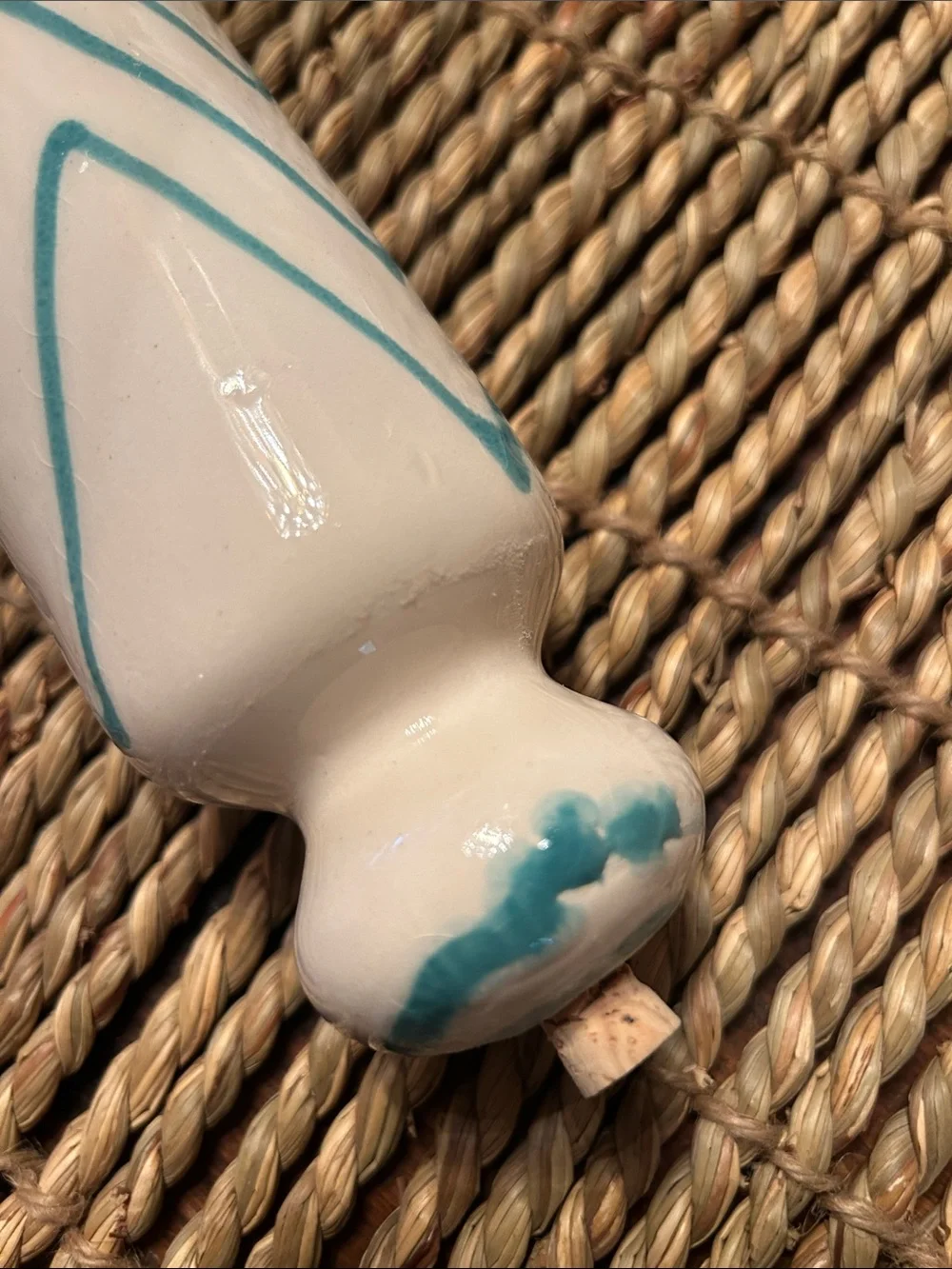 Anthropologie White Ceramic Rolling Pin with Teal Chevron Accent